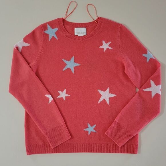 Cynthia Rowley Cashmere Coral Crewneck Long Sleeve Pullover With Stars Sweater - Picture 2 of 15